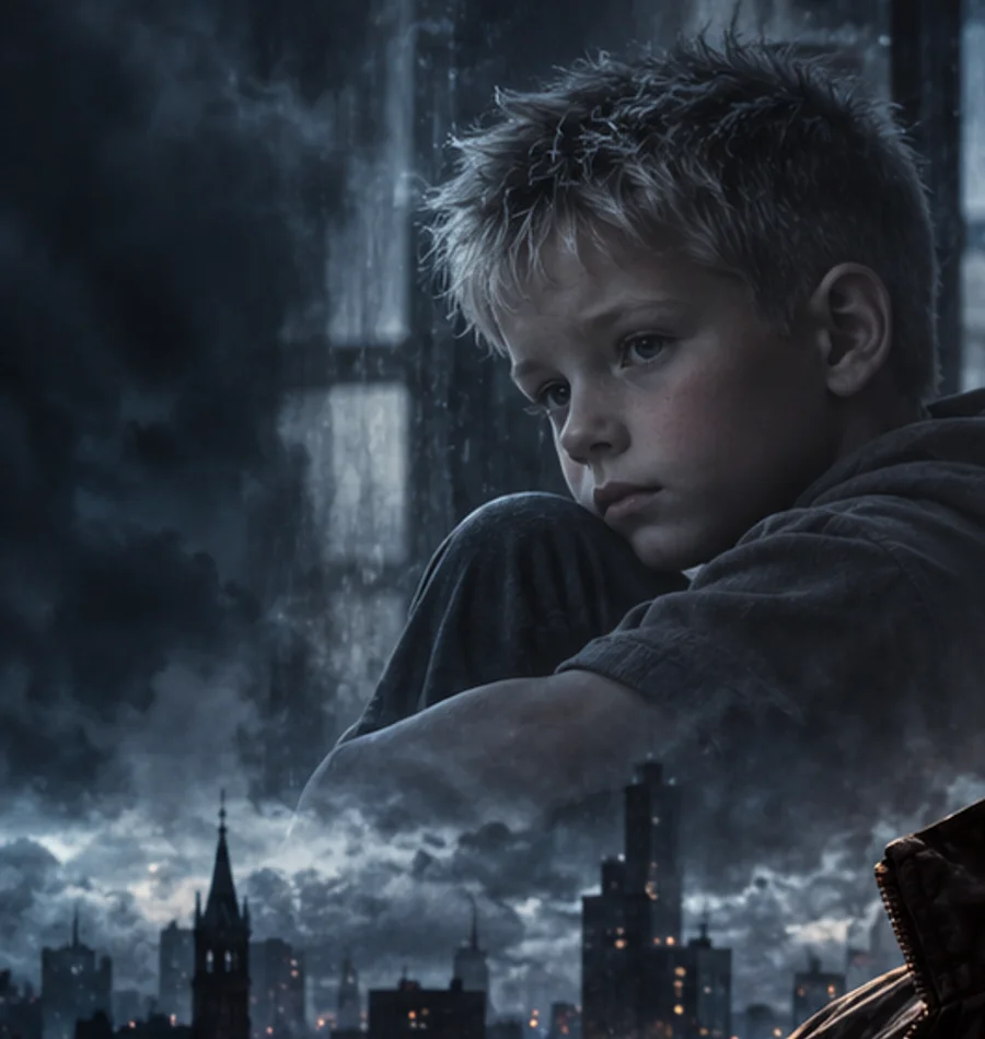 A young boy sits curled up in a cold, shadowed room.
