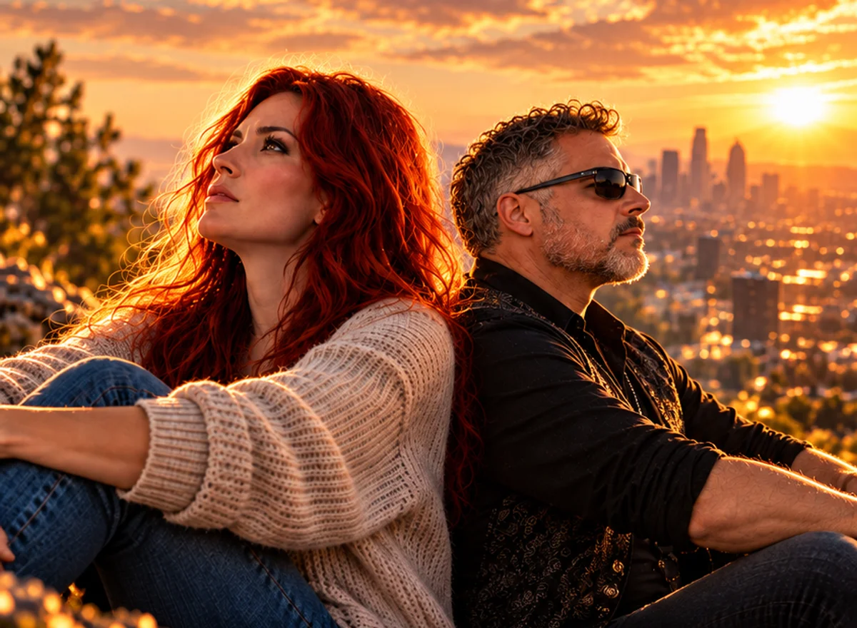 The two actors sit back to back, looking towards the warm light above a city.