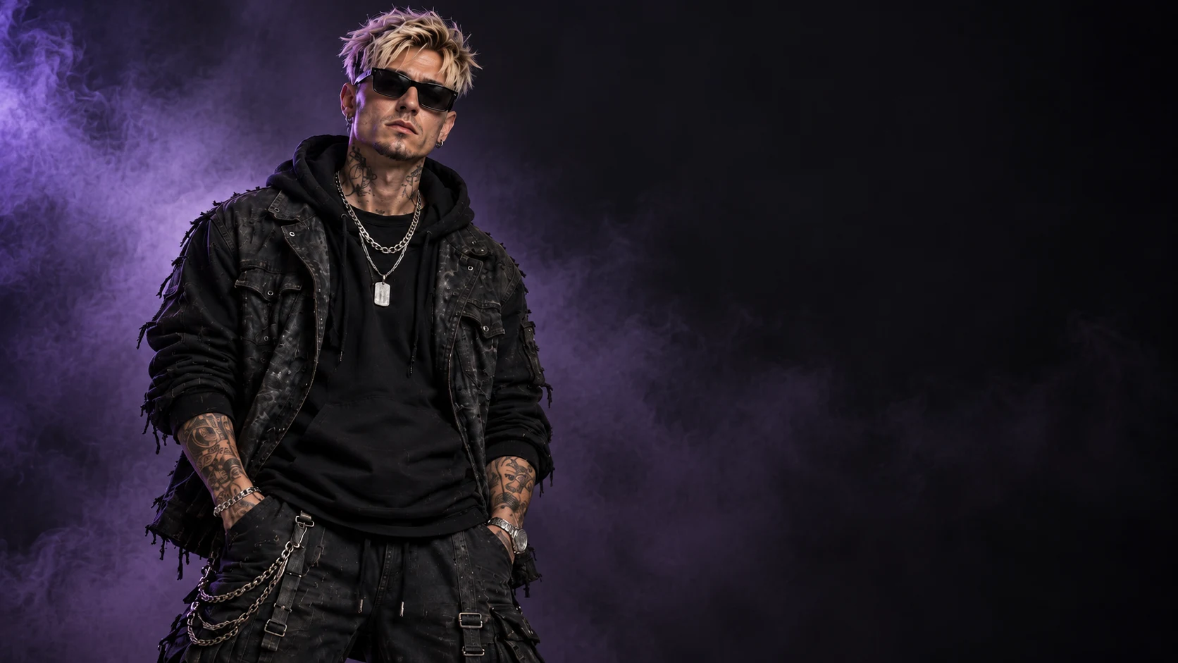 KADE with platinum-blonde hair, dark sunglasses and tattoos, wearing black against purple haze
